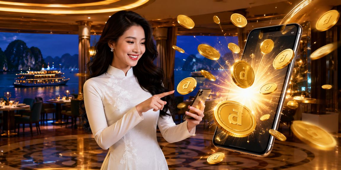 Phụ nữ mặc áo dài nhận bonus hoàn tiền tại vịnh Hạ Long với phong cảnh thiên nhiên hùng vĩ