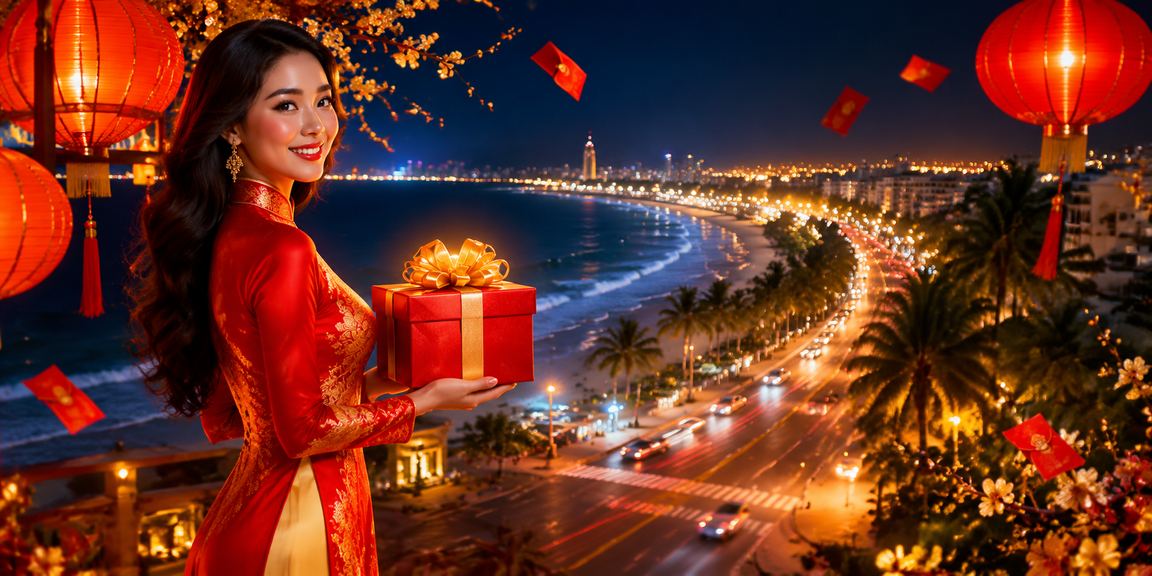 Người dùng tại Phan Thiết nhận phong bì đỏ và ưu đãi bonus trong trang phục áo dài